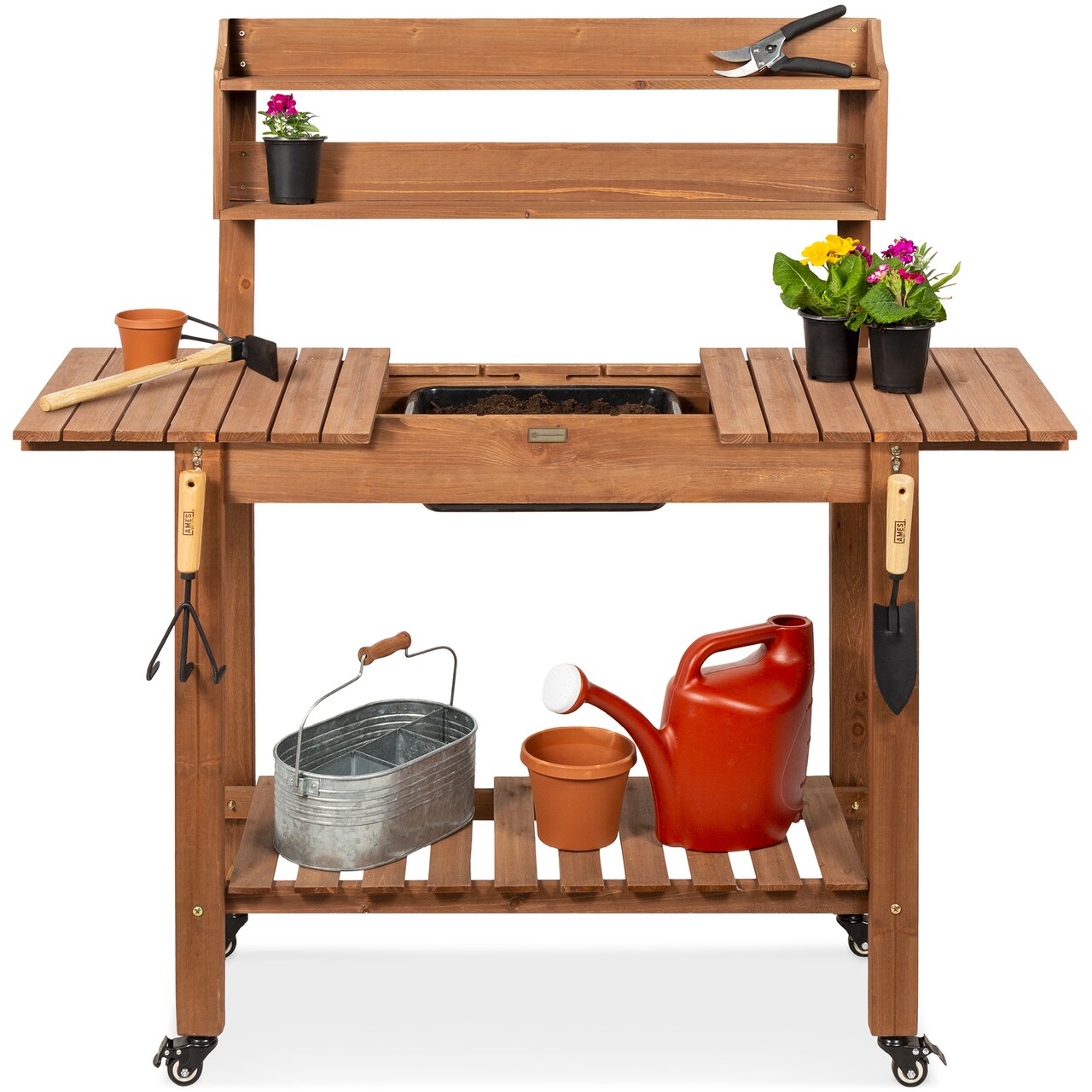 Best Choice Products Wood Garden Potting Bench Workstation, Sliding Tabletop, 4 Locking Wheels, Dry Sink